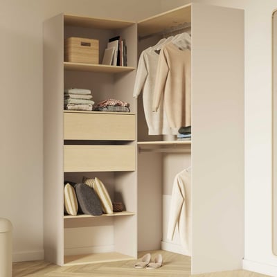 Open kledingkast Muriel - 121x118x203cm - 2 lades - beige/eikdecor