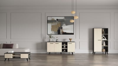Woonkamer Kent: salontafel, buffetkast, dressoir - eikdecor/antraciet Woonkamer Kent: salontafel, buffetkast, dressoir - eikdecor/antraciet