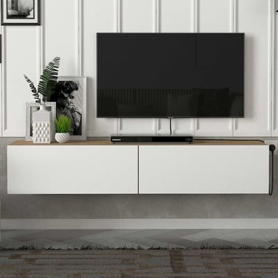 Tv-meubel Aristo - 135x32x25cm - 2 deuren - wit/eikdecor
