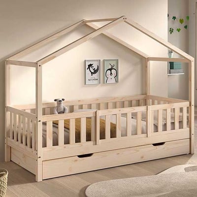 Huisbed Dallas - 90x200cm - met beveiliging en bedlade - massief dennenhout