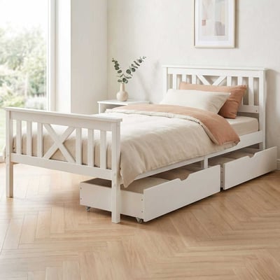 Eenpersoonsbed Milo - 90x200cm - met lades - massief dennenhout - wit