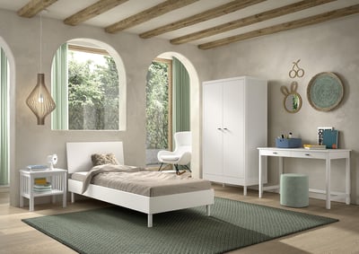Kinderkamer Forrest: nachttafeltje, bed 90x200, kleerkast, bureau - wit beukenhout