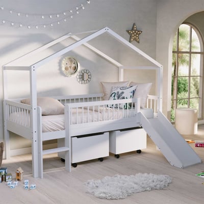 Huisbed Forrest - 90x200cm - met glijbaan en opbergboxen - beukenhout - wit