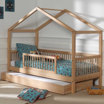 Huisbed Forrest 90x200cm met bedhekje en bedlade - beukenhout 