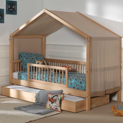 Huisbed Forrest 90x200 met rolbed, uitvalbeveiliging en bedtent - beukenhout/roze