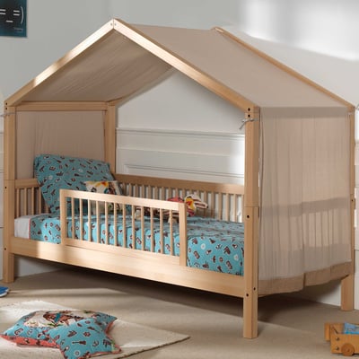 Huisbed Forrest 90x200 met uitvalbeveiliging en bedtent - beukenhout/roze