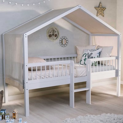Huisbed Forrest - 90 x 200cm - met ladder en bedtent - beukenhout - wit