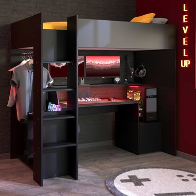 Gaming hoogslaper LevelUp 90x200cm met gamingbureau - zwart Gaming hoogslaper LevelUp 90x200cm met gamingbureau - zwart