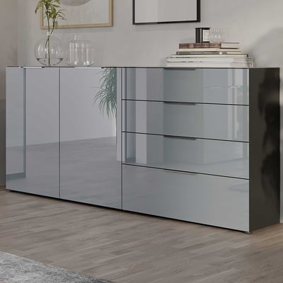 Dressoir Dudek met 2 deuren & 4 lades - fronten in glas - grafiet/zilvergrijs