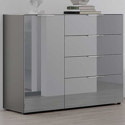 Dressoir Dudek met 1 deur & 4 lades - fronten in glas - grafiet/zilvergrijs
