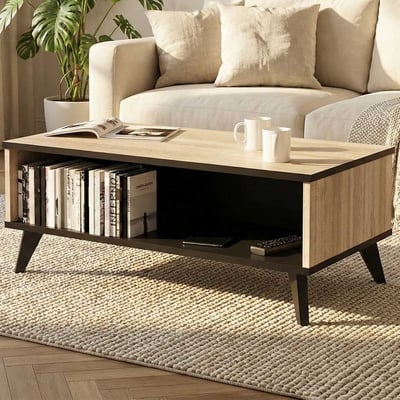 Salontafel Wilke - 92x50x35cm - met opbergvak - geborstelde eik/matzwart