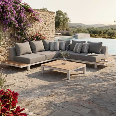 Loungeset Hawaï Gescova - Aluminium en Teakhout - Grijs/Wit