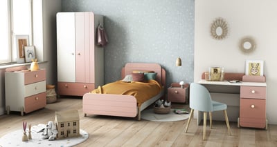 Kinderkamer Janne: bed 90x190cm, nachtkastje, commode, kleerkast, bureau - roze/wit