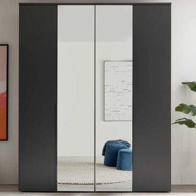 Kledingkast Kevo - 180x52x225cm - 4 deuren - met spiegel - grafiet