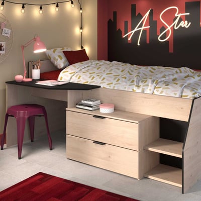Kajuitbed Milky met bureau en lades - zwart/eik Kajuitbed Milky met bureau en lades - zwart/eik
