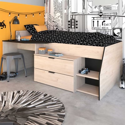 Kajuitbed Milky met bureau en lades - zwart/eik