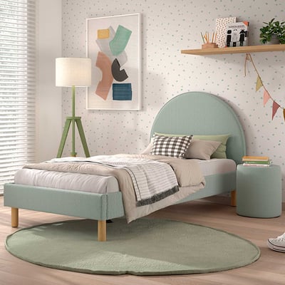 Gestoffeerd bed Maeva 90x200cm met nachttafeltje - groene bouclé stof Gestoffeerd bed Maeva 90x200cm met nachttafeltje - groene bouclé stof