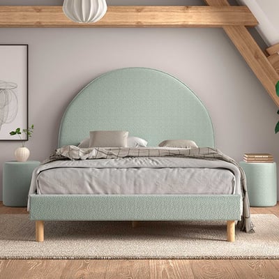 Gestoffeerd bed Maeva 140x200cm met twee nachttafeltjes - groene bouclé stof