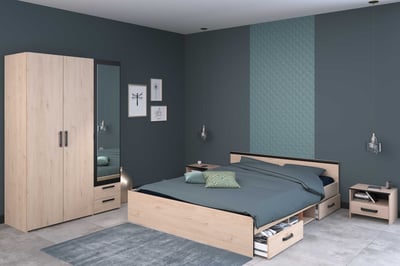Slaapkamer Alma: bed 160x200cm, nachtkastje, kleerkast - eikdecor Slaapkamer Alma: bed 160x200cm, nachtkastje, kleerkast - eikdecor