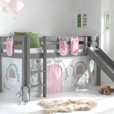 Halfhoogslaper met glijbaan Astrid met bedtent & opbergzakjes Birdy - grijs Halfhoogslaper met glijbaan Astrid met bedtent & opbergzakjes Birdy - grijs