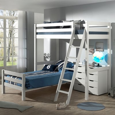 Hoogslaper Claire met bed Anne 90x200cm en ladenkast - wit Hoogslaper Claire met bed Anne 90x200cm en ladenkast - wit