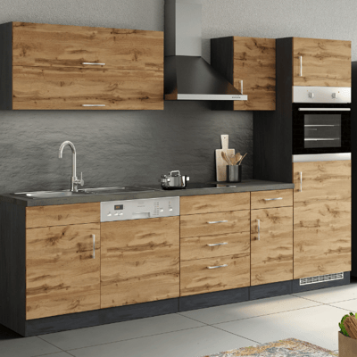 Kitchenette Sorrella 270cm met vaatwas, oven en koelkast - eik/grafiet Kitchenette Sorrella 270cm met vaatwas, oven en koelkast - eik/grafiet