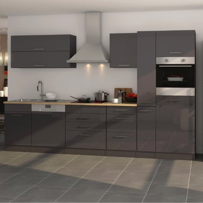 Kitchenette Ragnar 330cm met ruimte voor koelkast, oven en vaatwas - hoogglans antraciet Kitchenette Ragnar 330cm met ruimte voor koelkast, oven en vaatwas - hoogglans antraciet