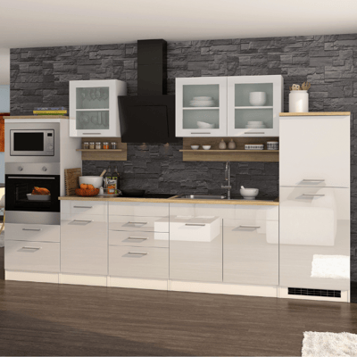 Kitchenette Ragnar 330cm met ruimte voor oven, microgolf en koelkast - hoogglans wit Kitchenette Ragnar 330cm met ruimte voor oven, microgolf en koelkast - hoogglans wit