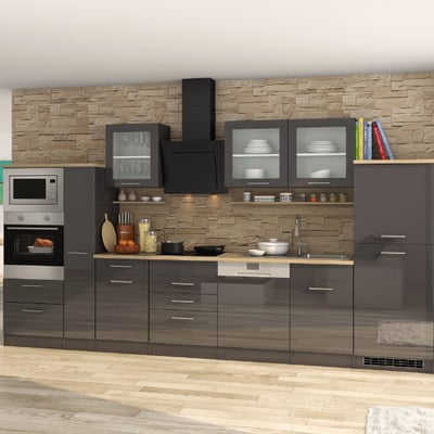 Kitchenette Ragnar 370cm met ruimte voor oven, microgolf, vaatwas en koelkast - hoogglans antraciet Kitchenette Ragnar 370cm met ruimte voor oven, microgolf, vaatwas en koelkast - hoogglans antraciet