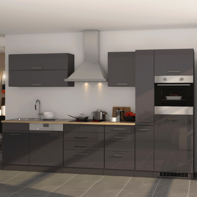 Kitchenette Ragnar 330cm met koelkast, oven en vaatwas - hoogglans antraciet Kitchenette Ragnar 330cm met koelkast, oven en vaatwas - hoogglans antraciet