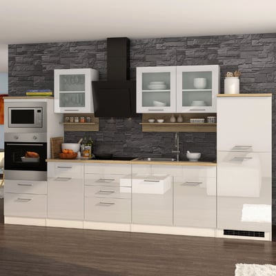 Keukenset Mailand | Inductieplaat, microgolf, oven, dampkap, koelkast, spoelbak | High Glossy White
