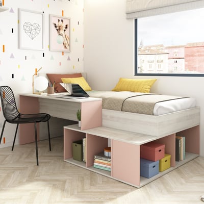 Bed Quinn 90x200 cm met bureau en opbergruimte - grenen/oudroze Bed Quinn 90x200 cm met bureau en opbergruimte - grenen/oudroze