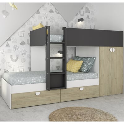 Stapelbed Jip met kast & lades - eik/wit/grijs Stapelbed Jip met kast & lades - eik/wit/grijs