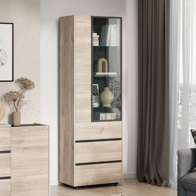 Vitrinekast Grillo met twee lades - eikdecor/zwart Vitrinekast Grillo met twee lades - eikdecor/zwart