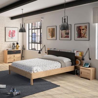 Tienerkamer Liam: bed 120x200 met achterbouw, nachtkastje, commode - artisan eik