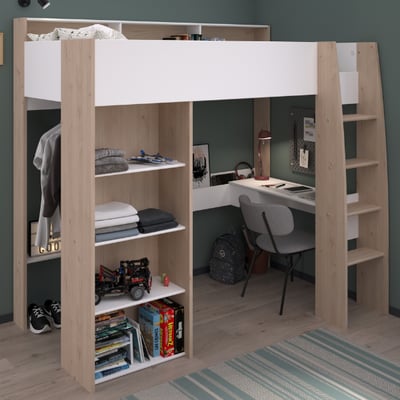 Hoogslaper Shelby 90x200cm met bureau - wit/eik Hoogslaper Shelby 90x200cm met bureau - wit/eik