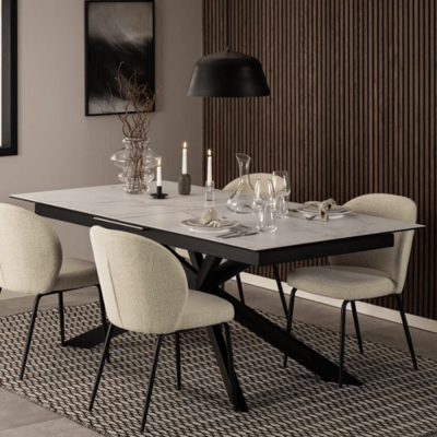 Verlengbare eettafel Irwine - 200<240cm - keramisch blad - wit marmerlook
