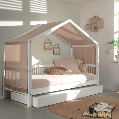 Huisbed Forrest 90x200 met rolbed en bedtent - beukenhout - wit/roze Huisbed Forrest 90x200 met rolbed en bedtent - beukenhout - wit/roze