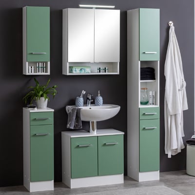 Badkamer Ricca: hangkast, badkamerkast, spiegelkast, wastafelonderkast, kolomkast - groen Badkamer Ricca: hangkast, badkamerkast, spiegelkast, wastafelonderkast, kolomkast - groen