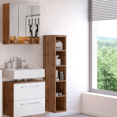 Badkamer Sefa: spiegelkast, wastafelonderkast, rek - eik/wit Badkamer Sefa: spiegelkast, wastafelonderkast, rek - eik/wit