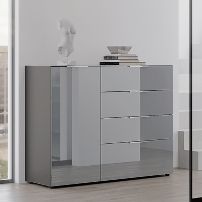 Dressoir Dudek met 1 deur & 4 lades - fronten in glas - grafiet/zilvergrijs Dressoir Dudek met 1 deur & 4 lades - fronten in glas - grafiet/zilvergrijs
