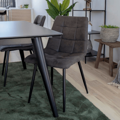 Grijze Microfiber Eetkamerstoel met Zwart Stalen Poten