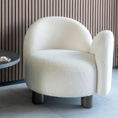 Witte Honolulu Loungestoel | Moderne Bouclé Ronde Loungestoel.