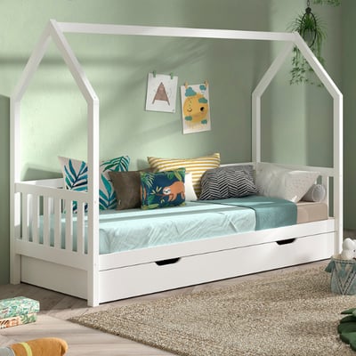 Bedhuisje Home - 90x200 cm - met hekje - met bedlade - wit dennenhout