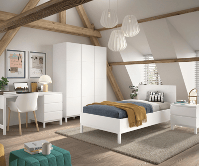 Tienerkamer Eva: bed 90x200cm, nachtkastje, kleerkast, bureau - wit