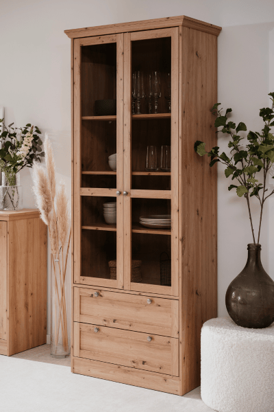 Vitrinekast Timothee - 80x39x200cm - 2 deuren & 2 lades - artisan eikdecor Vitrinekast Timothee - 80x39x200cm - 2 deuren & 2 lades - artisan eikdecor