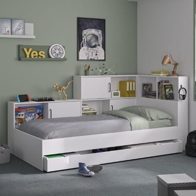 Tienerbed met bedlade en opbergruimte Erwan | 90 x 200 cm | Wit Tienerbed met bedlade en opbergruimte Erwan | 90 x 200 cm | Wit