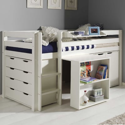 Halfhoogslaper Charlotte met legplankje, bureau, commode en ladekast - wit Halfhoogslaper Charlotte met legplankje, bureau, commode en ladekast - wit