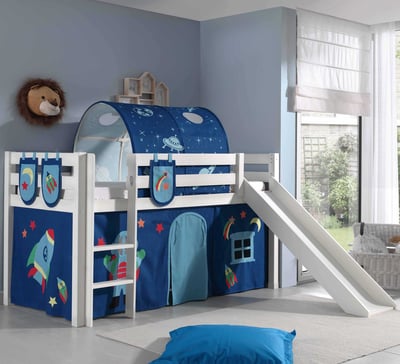 Halfhoogslaper met glijbaan Astrid met bedtent, -tunnel & opbergzakjes Astro - wit Halfhoogslaper met glijbaan Astrid met bedtent, -tunnel & opbergzakjes Astro - wit