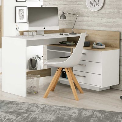 Hoekbureau Thalita-geborstelde eik/ mat wit 